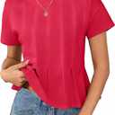 Women's Babydoll Tops T Shirts Peplum Pleated Short Sleeve Cropped Tee Summer Loose Fit Casual Crewneck Tshirts M