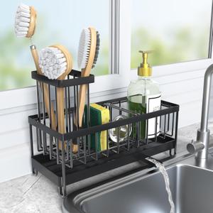 Dream Sponge Holder for Kitchen Sink, Sink Caddy with High Separable Brush Holder, Countertop Rustproof Stainless Steel Soap Dispenser and Storage, Auto Drainage Kitchen Sink Organizer (Black)