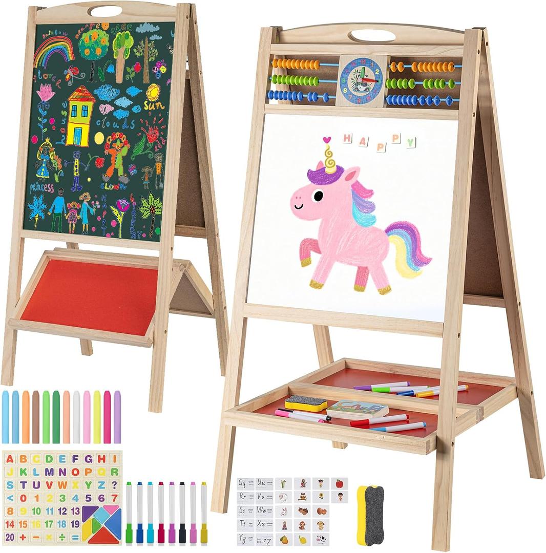 Kids Wooden Easel with Abacus, Double Sided Magnetic Drawing Board Dry Erase Whiteboard & Chalkboard Foldable Easel for Toddlers 2-4 Years Painting Easel Kids 3-6, 34" x 17.3" x 16.3"