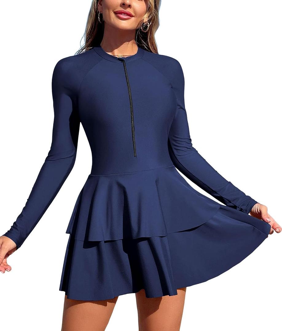 ZAFUL Women's One Piece Rash Guard Long Sleeve Modest Swimsuits Dress Zipper Bathing Suit Swimskirt 0-Navy Blue L