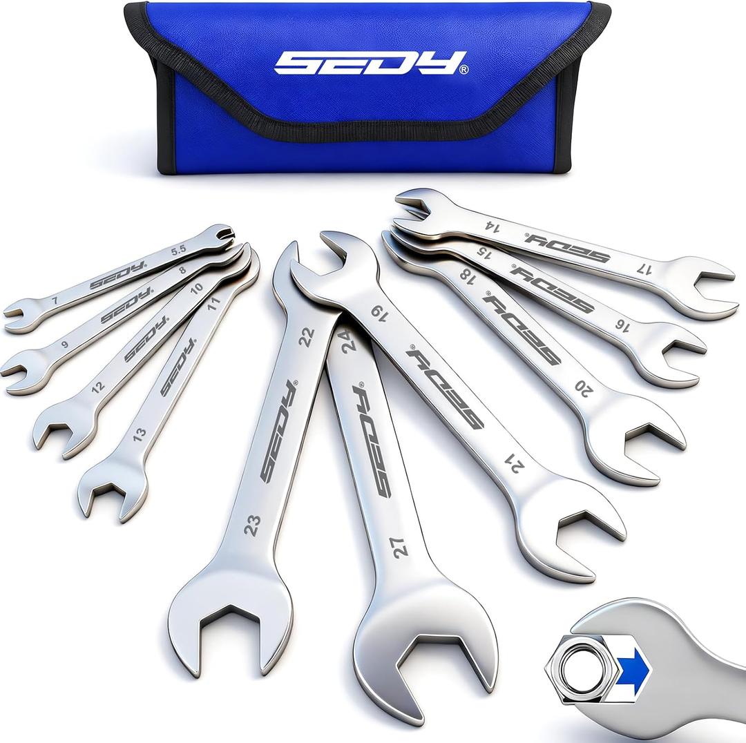 10-Piece Super Thin Open-End Wrench Set, Metric 5.527mm, 3mm Thickness Slim Wrench Set for Tight Spaces, Nickel Plated Flat Wrenches with Rolling Storage Pouch