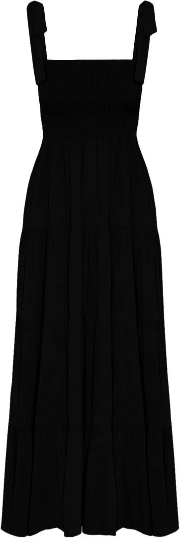kinstell Women's Summer Boho Spaghetti Strap Square Neck Ruffle Casual Flowy Long Dress Beach Swing Party Maxi Dress (Large, Black)