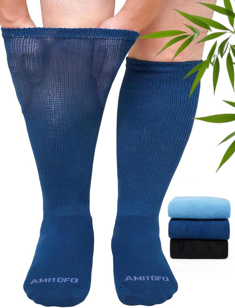ZAKASA Bamboo Viscose Diabetic Socks: Non-Binding Crew Knee High Socks Loose Fit for Women Men 3 Pairs (9-11)