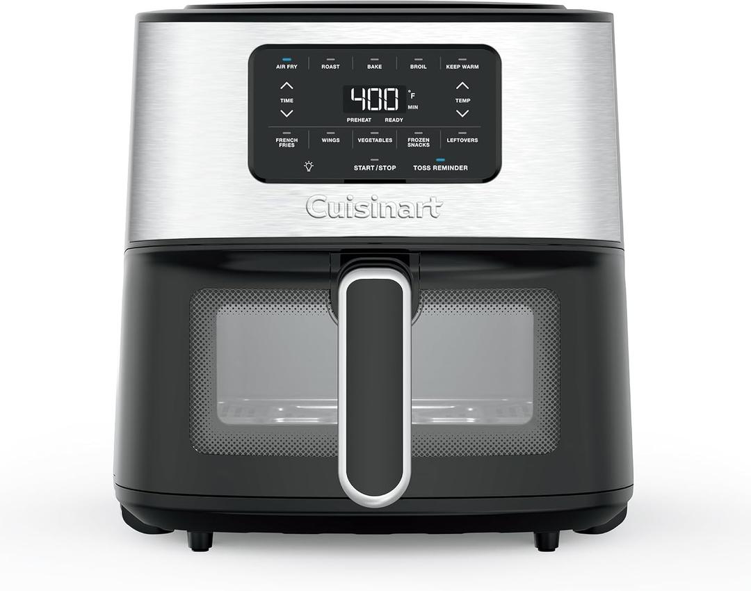 Cuisinart Air Fryer, 6-Quart Basket Large Fryer with 5 Cooking Functions to Roast, Bake, Broil, Air Fry and Keep Warm, 5 Airfryer Presets, Dishwasher-Safe Parts, AIR-200NAS, Stainless Steel & Black, 6 Qt. Window