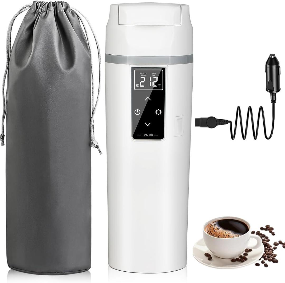 Car Travel Electric Kettle 12V/24V :450ML Tea Coffee Kettle Water Boiler, Portable Water Heater with Temperature Control, 304Stainless Material, LED Display and Boil Dry Protection (White)