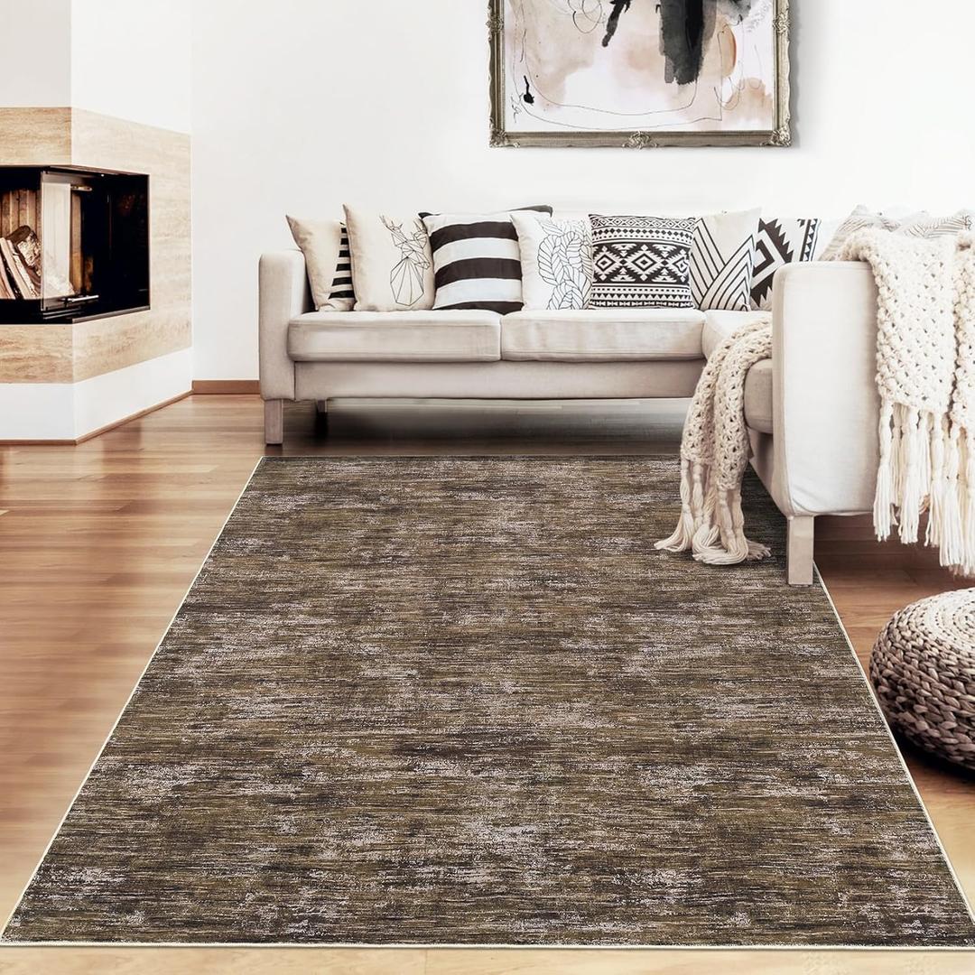 RUGSREAL 8x10 Washable Rug for Living Room Non-Slip Modern Abstract Area Rug Stain Resistant Large Bedroom Rug Contemporary Accent Throw Floor Carpet Solid Rug for Dining Room Home Decor, Brown