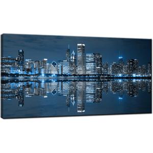 LevvArts Modern City Wall Art Chicago Downtown at Night Picture Print on Canvas Building Artwork for Office Living Room Wall Decoration
