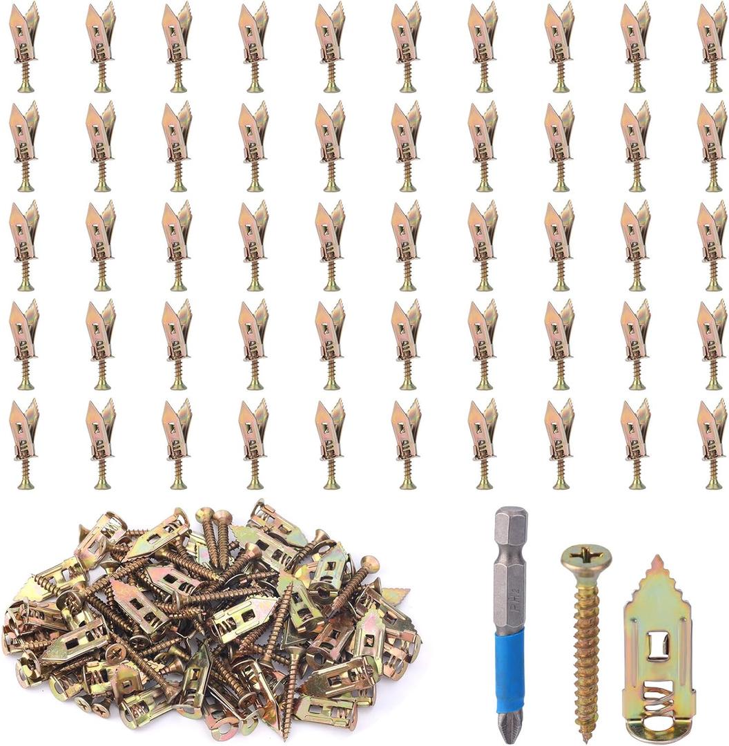 101pcs Drywall Self Drilling Anchors Kit, Manganese Steel Plasterboard Anchors with Screws and PH2 Blue Bit Wall Fixings Plugs for Cabinets TV Shelves Curtains Bicycles (No Drill Needed)
