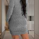 FairBeauty Women's Sexy Sparkly V Neck Long Sleeve Ruched Metallic Bodycon Club Mini Dresses (Medium)