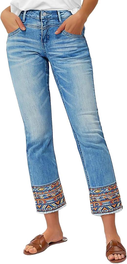 Flamingals Straight Leg Cropped Jeans for Women Trendy Mid Rise Stretchy Tribal Embroidery Raw Hem Ankle Jeans (XX-Large, Light Blue)