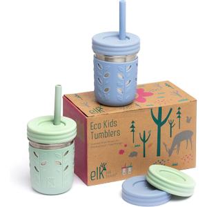 Elk and Friends 10oz Stainless Steel Kids + Toddler Drinking Cups | The Original Mason Jar with Sleeves + Lids | Silicone Straws | Smoothies | Storage Jar | Spill Resistant | Dishwasher Safe | Sage/Misty Blue, 10oz