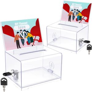 Uniclife 2 Pack Acrylic Donation Box with Lock and Sign Holder Clear Ballot Boxes with Slot Plastic Suggestion Box Storage Container for Fundraising Voting Charity Tip Collection, 6.2" x 4.7" x 4" (2 Pack, Clear)