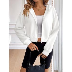 Women's Cropped Hooded Zip-Up Sweatshirt: Soft Fabric Long Sleeve, Attached Hood & Full-Zip Front (Large, White)