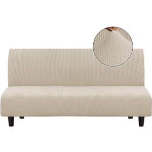 Turquoize Stretch Futon Cover Full Size Armless Sofa Bed Cover Futon Couch Cover Furniture Protector with Elastic Bottom Feature Thick Soft Checked Jacquard Fabric, Machine Washable, Biscotti Beige