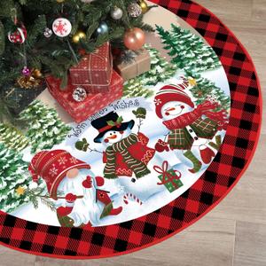Tiamon 48 in Christmas Tree Skirt Polyester Xmas Tree Skirt with Snowflake Deer Snowman Pattern Christmas Decorations for Winter Xmas Holiday Farmhouse Indoor Party Decorations(Red)