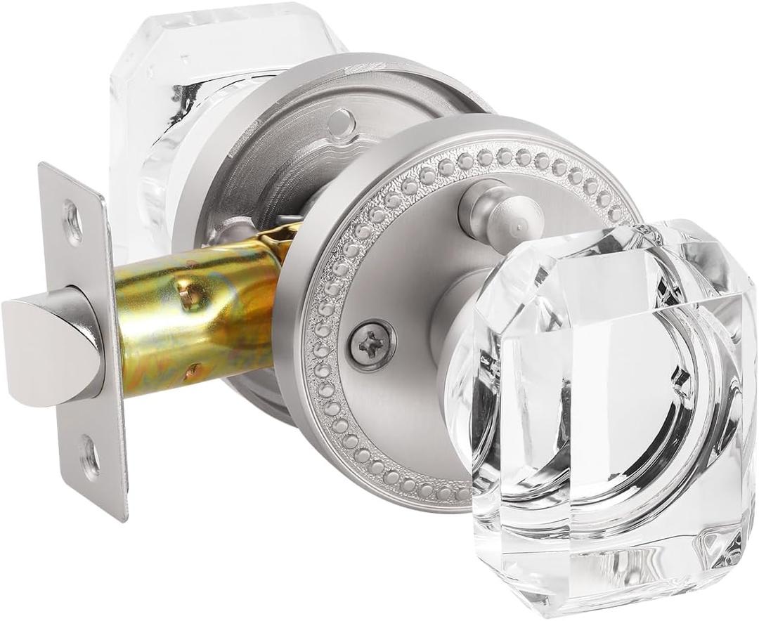 Satin Nickel Square Door Knobs in Brushed Nickel and Crystal for Bedroom and Bathroom, 2 Pack