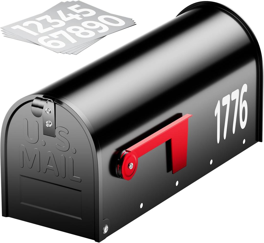 AZUNO Mailboxes for Outside, Black Metal Post Mount Mailbox with Red Flag & Address Numbers, Medium Capacity Mailbox for House,Galvanized Steel,19 * 8.9 * 7.1 inches