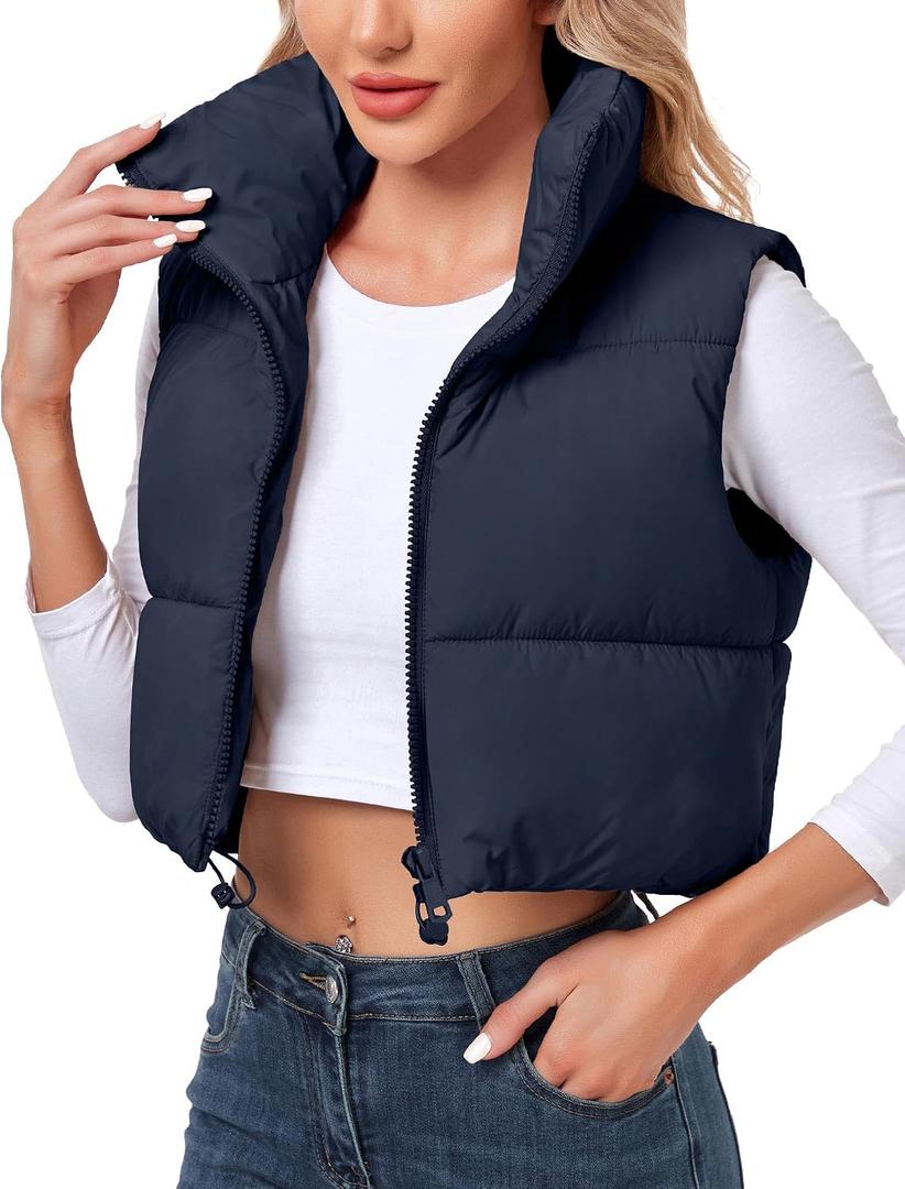 Polu Women's Cropped Puffer Vest Jacket Sleeveless Winter High Stand Collar Lightweight Vest for Women with Zip Gilet, XS