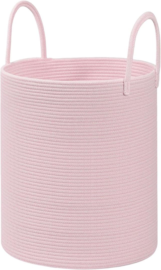 Cotton Rope Storage Basket with Handles, Pink, Large Capacity Laundry Hamper and Basket for Clothes, 15x18 Inches, Nursery Organizer (60L)