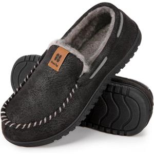 HomeTop Men's Suede Memory Foam Moccasin Slippers Soft Plush Warm Lining House Shoes (8, Black)