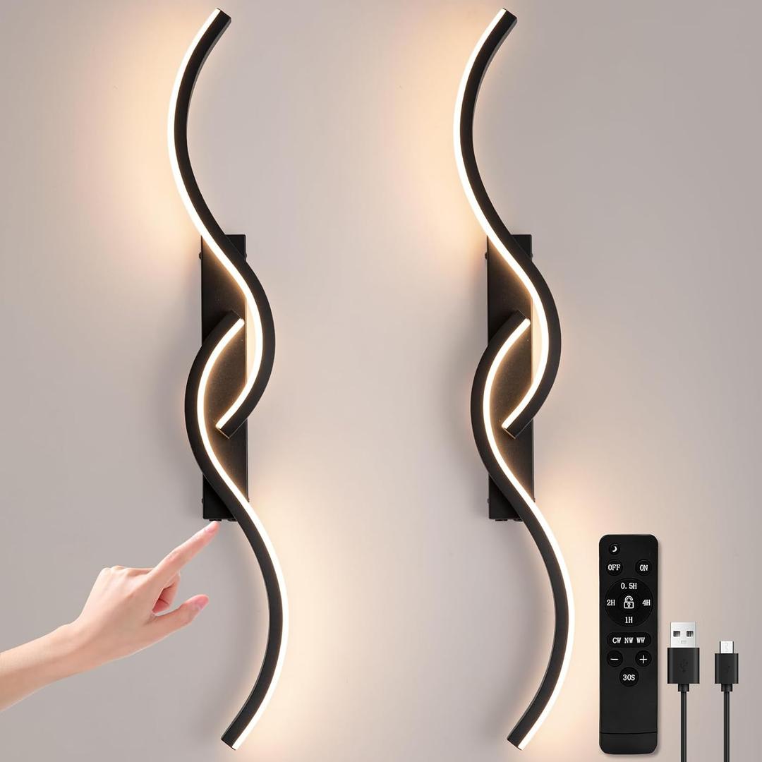 Battery Operated Wall Sconces, Rechargeable Wall Sconces, 3000K-6500K LED Wireless Wall Light, Modern Wall Lamp not Hardwired for Living Room Bedroom Hallway (Black), 31.49 inch