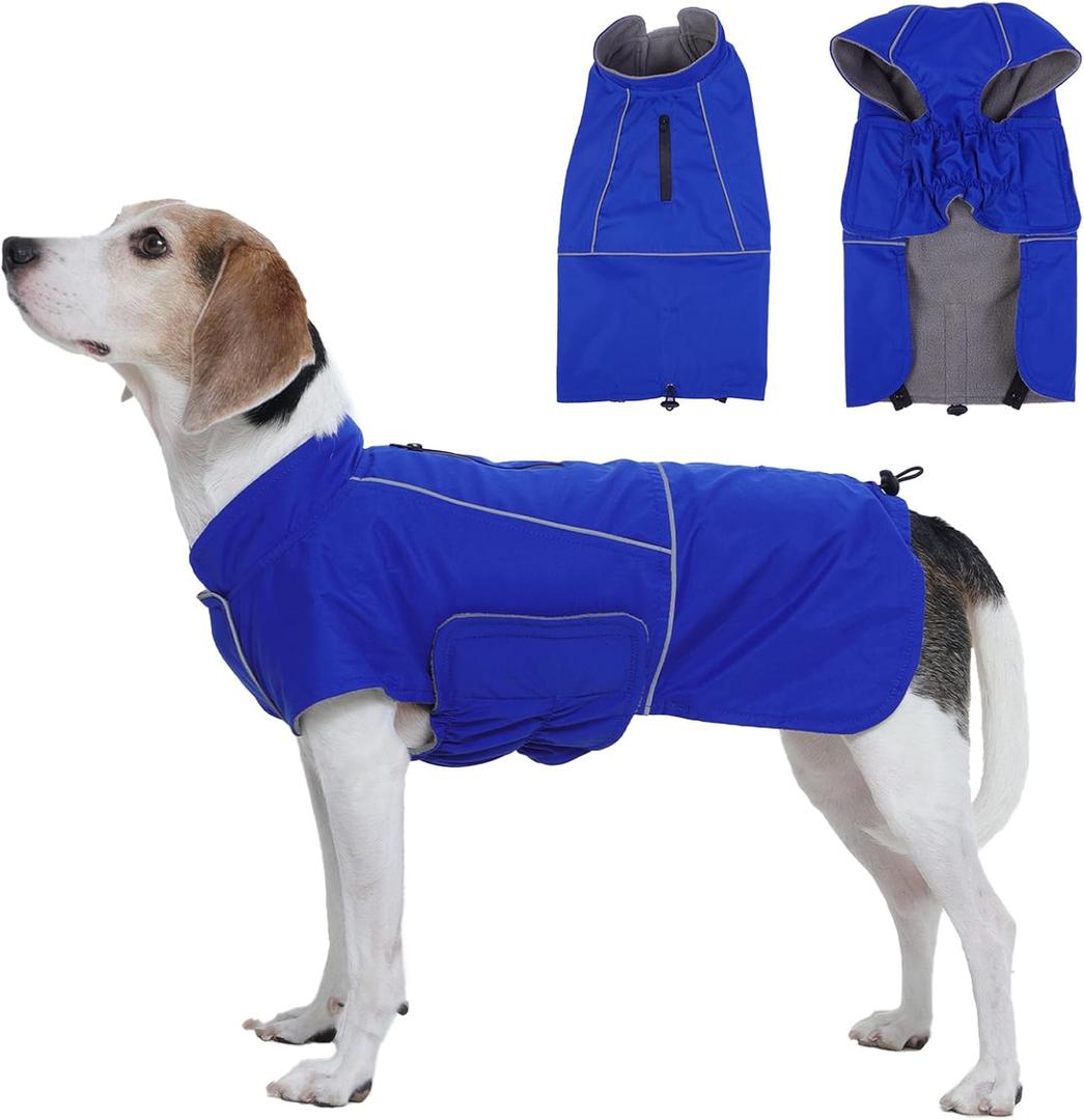 ROZKITCH Dog Snowsuit Raincoat Jacket, Waterproof Rain Jacket with Fleece Liner and Leash Hole Reflective Strip for Medium Large Dog, Adjustable Poncho Vest for Outdoor Hiking Travel Blue XL (XL(Chest: 24.4"-30"; Back:20"))
