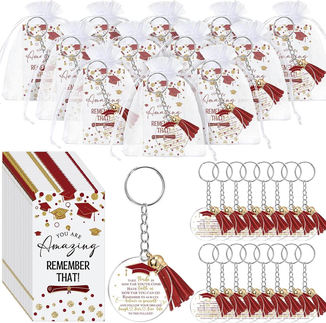 Inbagi 100 Sets Graduation Gifts Bulk Tassel Keychains with Inspirational Cards for Graduation Party Gift (Red)