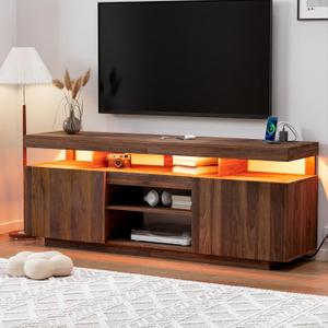 HOMMPA 75 Inch LED TV Stand, Modern Tall Entertainment Center with Power Outlets for Living Room, Bedroom, Walnut TV Console with Storage, Gaming Media Cabinet for 75/70/65/55 Inch TVs