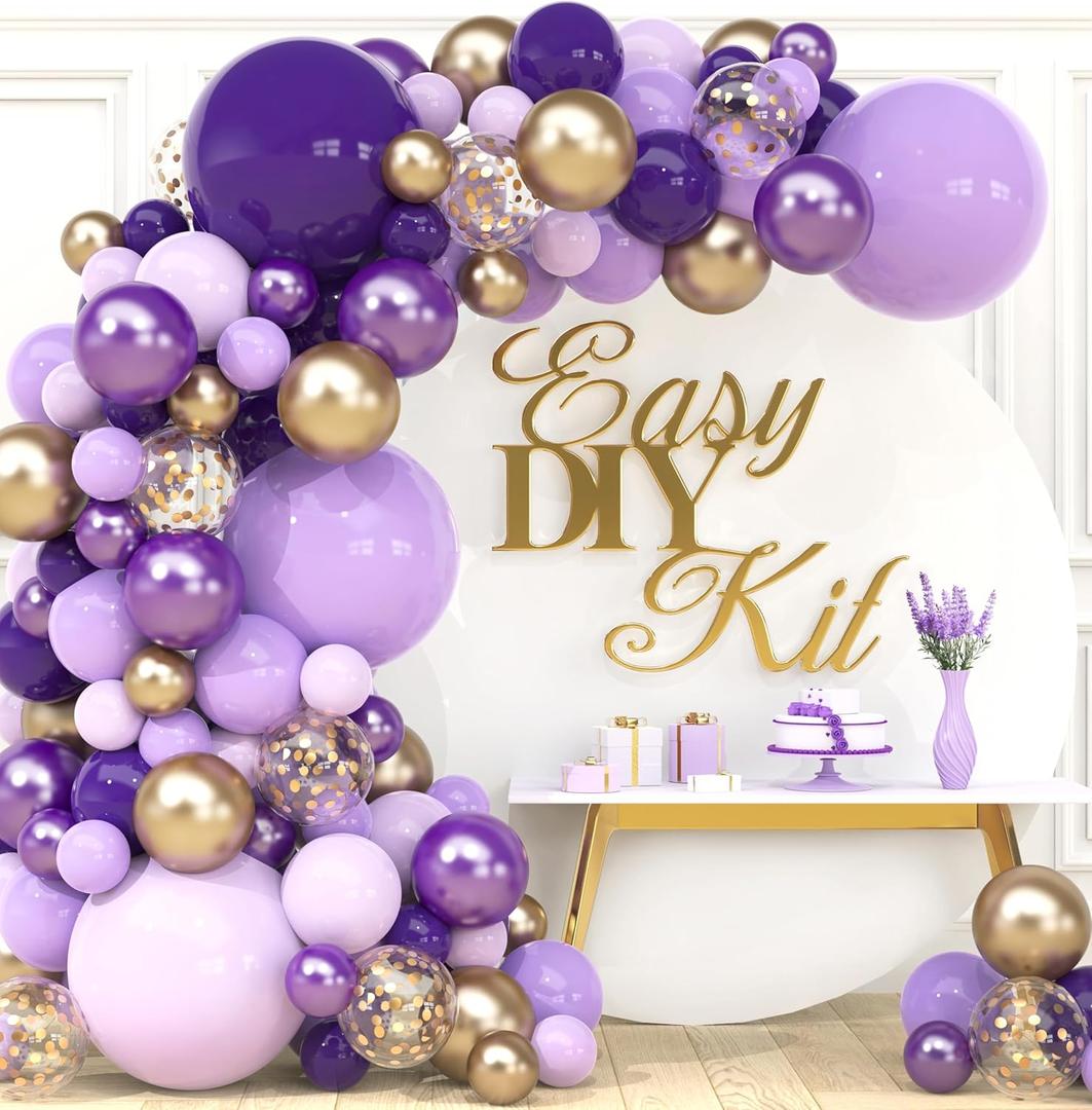 ALL-IN-1 Purple and Gold Balloon Arch & Garland Kit Small and Large Purple Gold Balloons with Confetti Lavender, Dark Purples, Pastel Purples Lilac Party Decorations for Birthday and Graduation