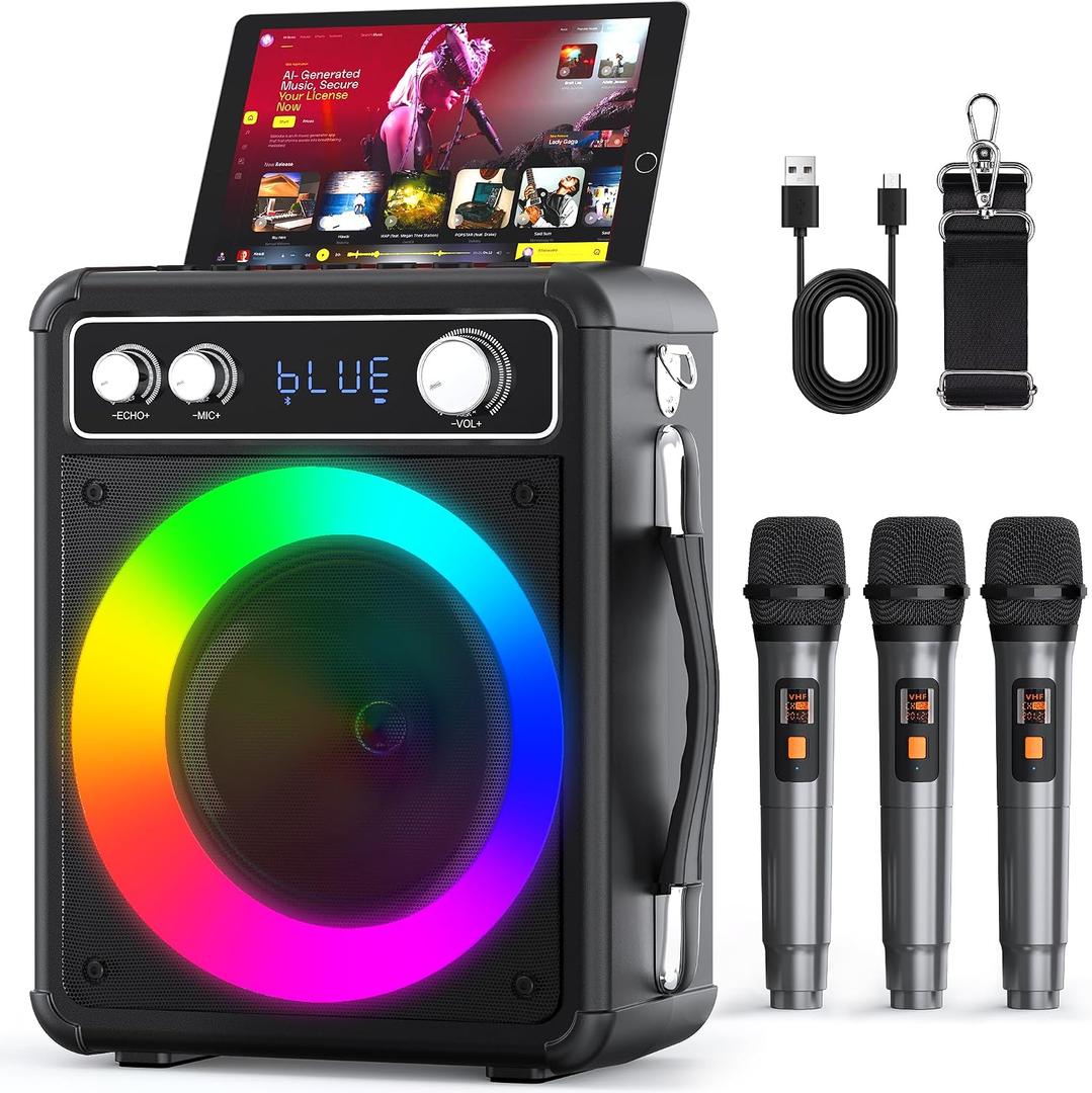 VOSOCO Karaoke Machine with 3 Wireless Rechargeable Microphones, Portable Bluetooth Speaker for Adults Kids, PA Systems Support TWS Echo Adjust TF USB AUX for Home Party Outdoor Travel