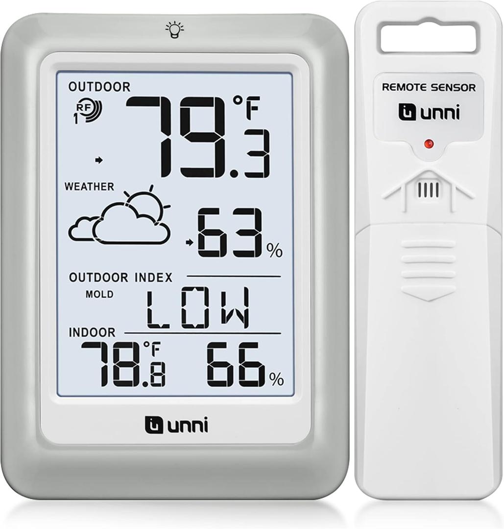 Indoor Outdoor Thermometer Hygrometer Wireless Weather Station, Temperature Humidity Monitor Battery Powered Inside Outside Thermometers with 330ft Range Remote Sensor and Backlight Display (White+Grey)
