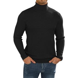 Men's Slim Fit Turtleneck Long Sleeve Sweater Casual Knitted Twisted Pullover Sweaters (Black, M)