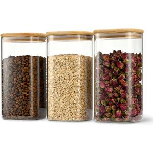 52oz Airtight Glass Square Storage Canister with Bamboo Lid Set of 3 (1550ml) Container Stackable Spice Jar, Kitchen Canister for Flour, Cookies, Cereal and Coffee beans (with Black Lable)
