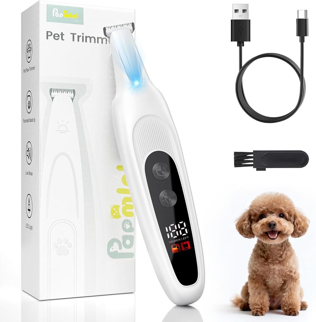 Ultra-Sharp Dog Paw Trimmer with LED Light, No-Pull 35dB Low Noise Paw Trimmers for Dog's Feet, 2 Speed Electric Dog Clippers for Grooming, Rechargeable Cat Shaver (White)