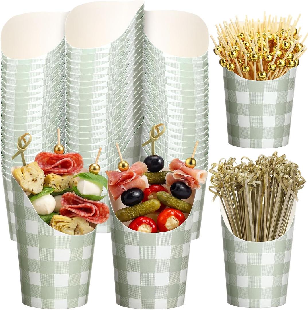 Potchen 250 Pcs Sage Green Plaid Charcuterie Cups with Sticks 14 oz 50 Sets Disposable Checkered Gingham Snack Appetizer Cups with 200 Cocktail Picks French Fry Holder for Wedding Bridal Party Decor