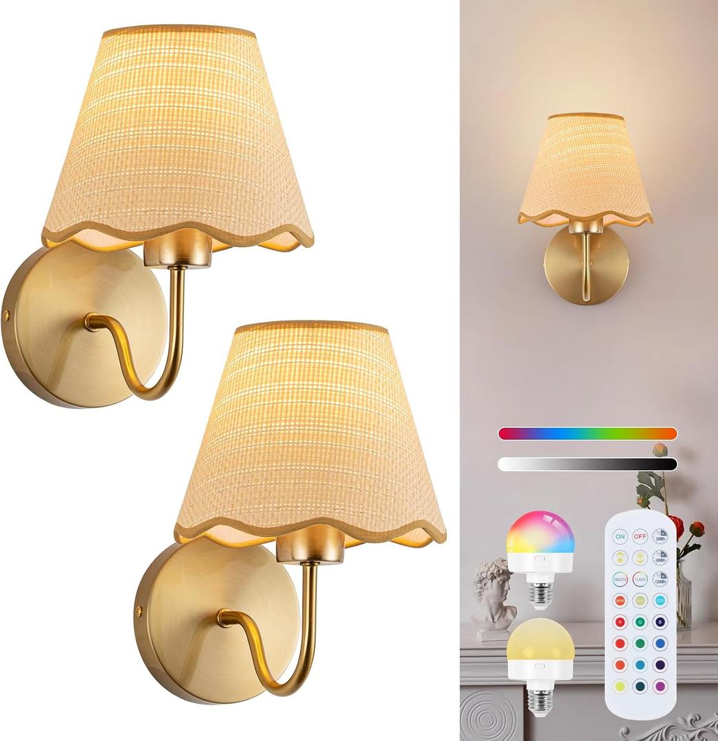 ADISUN Battery Operated Wall Sconce Set of 2, Gold Wall Lamps Rechargeable Bulbs for Living Room, Rattan Shade Wireless Wall Lights for Bedroom Living Room Hallway Kitchen(2 Bulbs Included)