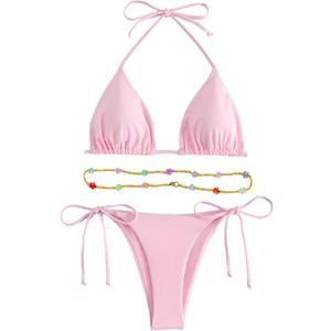 SHENHE Women's 2 Piece Sexy Bikini Sets Halter Tie Side Triangle Swimsuits (Large, Beaded Light Pink)