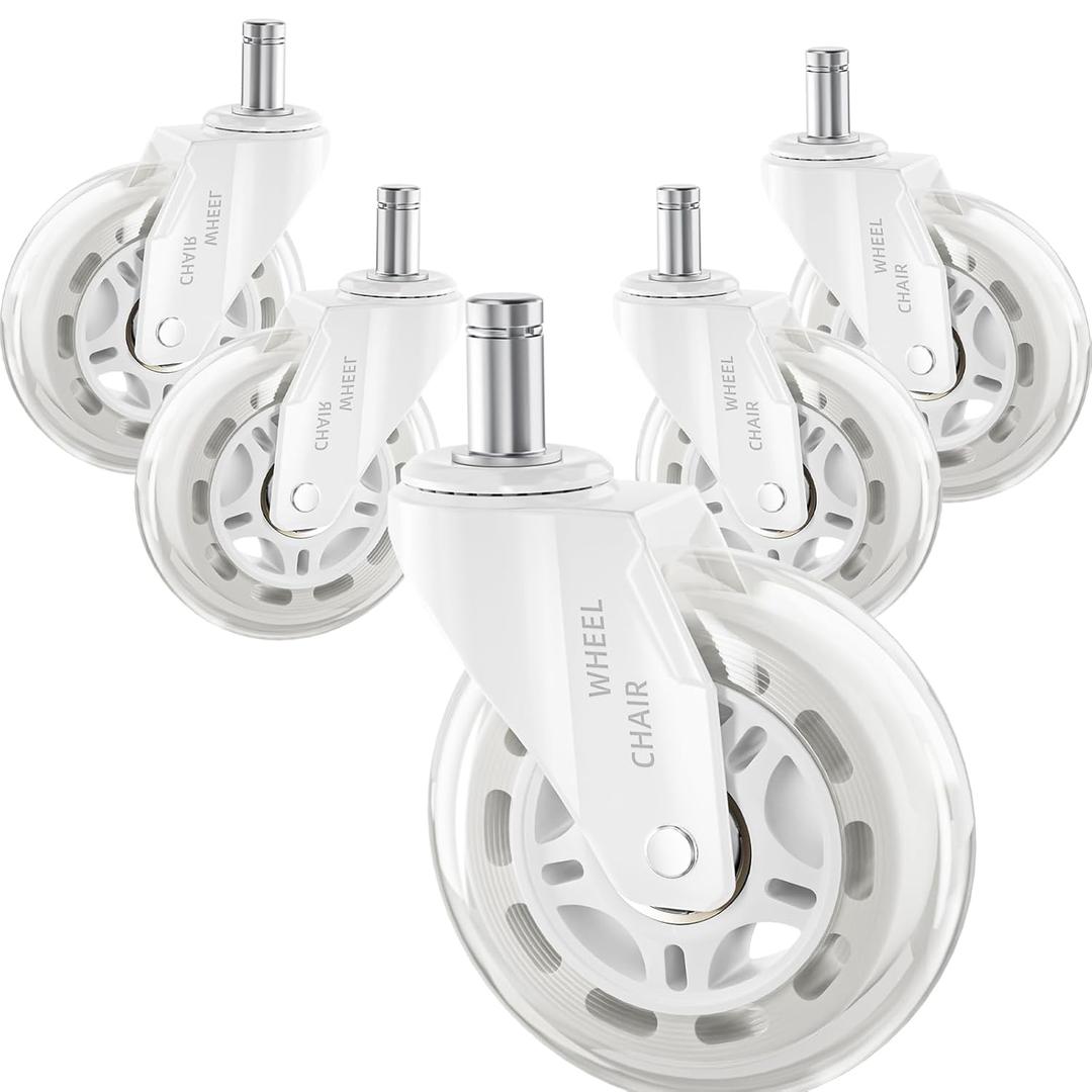 Office Chair Wheels Replacement Rubber Chair Casters for Hardwood Floors and Carpet, Set of 5, Heavy Duty Casters for Chairs Smooth & Silence Gliding Gaming Chair Wheels (White)