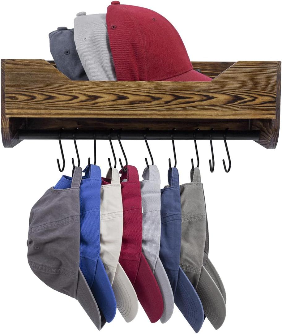 MyGift Baseball Cap Storage Holder Organizer Wall Mount, Hat Rack Shelf, Floating Shelf with 10 S-Hook Hanger, Entryway Shelf Tray, Urban Industrial Burnt Solid Wood and Black Metal