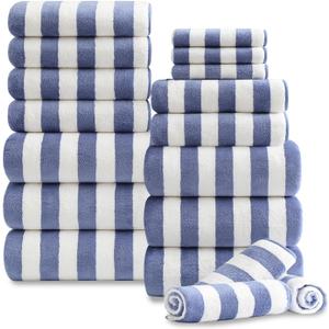18 Pcs Blue White Stripe Family Towels Set with Hanging Loop-6 Bath Sheets,6 Hand Towels,6 Washcloths Ultra Soft Bathroom Towel Highly Absorbent Quick Dry Shower Towel for Beach Chair,Spa,Gym,Hotel