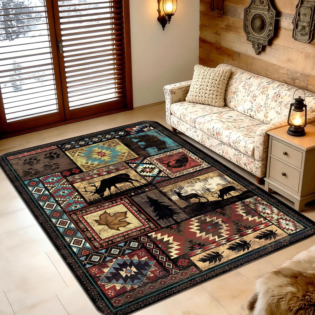 Rustic Cabin Room Rug Vintage Nature and Animals Area Rugs for Bedroom Living Room Dining Decor 5'x7' (Grey)