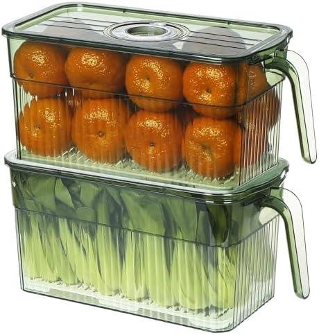 Loobuu 2Pack Stackable Food Storage Produce Saver Containers for Refrigerator, Berry Keeper Boxes for Fridge with Removable Drain Tray Keep Fresh for Vegetables/Fruit/Meat/Salad- 10.23'' x5.4'' x5.2''