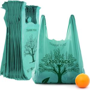 200 Pack Thank You Bags Disposable Eco Grocery T-Shirt Bag with Handles for Supermarket, Groceries, Produce, Shopping, Trash, Small Commercially Compostable Baggies Bulk