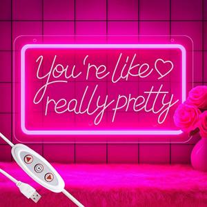 Youre Like Really Pretty Neon Sign  Pink LED Neon Light Wall Decor, 3D Art Carving, Dimmable USB Powered Night Light for Bedroom, Aesthetic Wall Decor, Christmas & Birthday Gift