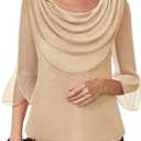 Lotusmile Blouses for Women Dressy Casual 3/4 Sleeve Cowl Neck Sparkly Tops Cocktail Shirts for Evening Party (Medium, Champagne)