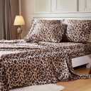 MR&HM Satin Bed Sheets with Elastic Corner Straps, King Size Sheets Set, 6 Pcs Silky Bedding Set with 15 Inches Deep Pocket for Mattress (King, Brown Leopard)