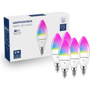 Lightinginside E12 Smart Light Bulbs 60W Equiv., 500LM 6W RGBCW Candelabra Chandelier Candle Bulb Works with Alexa/Google Home/Smart Life, 2.4G WiFi Bluetooth Bulbs, No Hub Required, ETL Listed, 5PCS