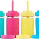 Elk and Friends Kids + Toddler Glass Cups | The Original 12oz Glass Mason Jar with Sleeves + Lids | Silicone Straws + Stopper | Smoothie Cup | Food Storage | Spill Resistant | Dishwasher Safe | 4 Pack (Pink/Teal/Yellow/Blue)