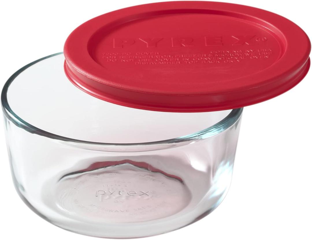 Pyrex Simply Store 2-Cup Single Glass Food Storage Container with Lid, Non-Pourous Glass Round Meal Prep Container with Lid, BPA-Free Lid, Dishwasher, Microwave, Oven and Freezer Safe (Red)