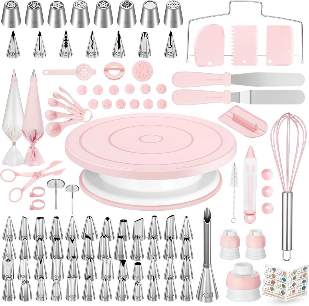 Kootek 158 Pcs Cake Decorating Kit with Cake Turntable, 64 Piping Tips Set, 50+2 Pastry Bags, Frosting Spatulas, Leveler, Scrapers, Fondant Molds, and More Baking Supplies Decorating Tools (Pink)